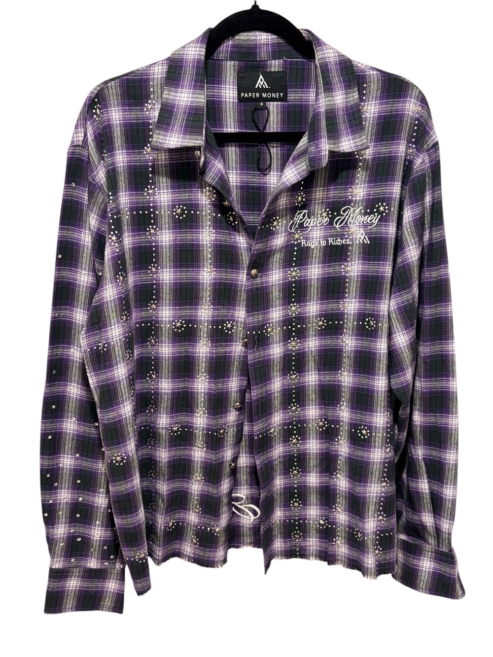 Paper Money Rhinestone Plaid Flannel Shirt Size Small 🔥 🔥 🔥